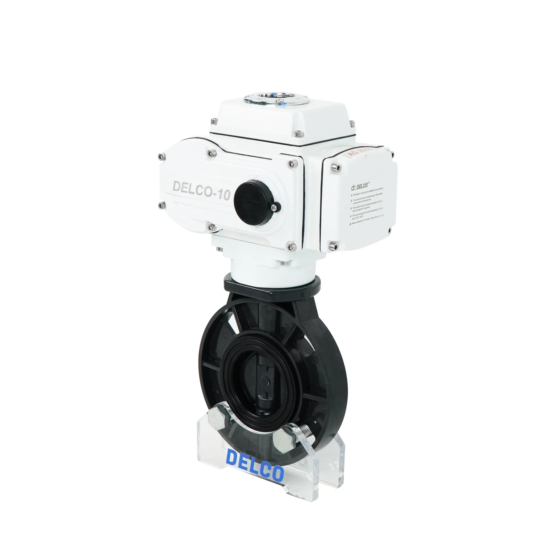 DK56-PB 전기 UPVC 버터플라이 밸브의 오른쪽 모습, 액추에이터 연결 및 밸브 본체 세부 사항.